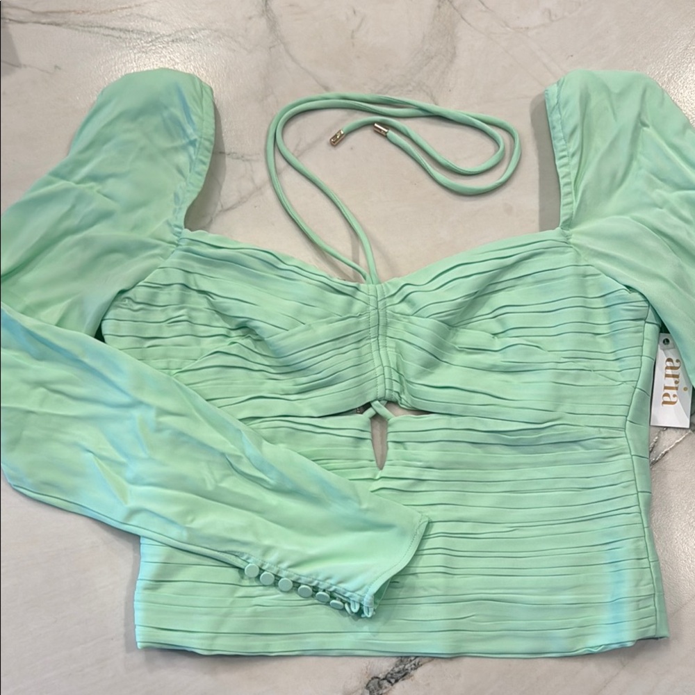 Self-Portrait Green Long Sleeve Ruched Crop Blouse